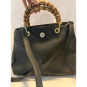 Kate Landry Handbag Bamboo Handle Tote Black Faux Alligator Texture W/ Gold